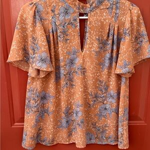 Sienna Sky Orange Floral Keyhole Flutter Sleeve Blouse